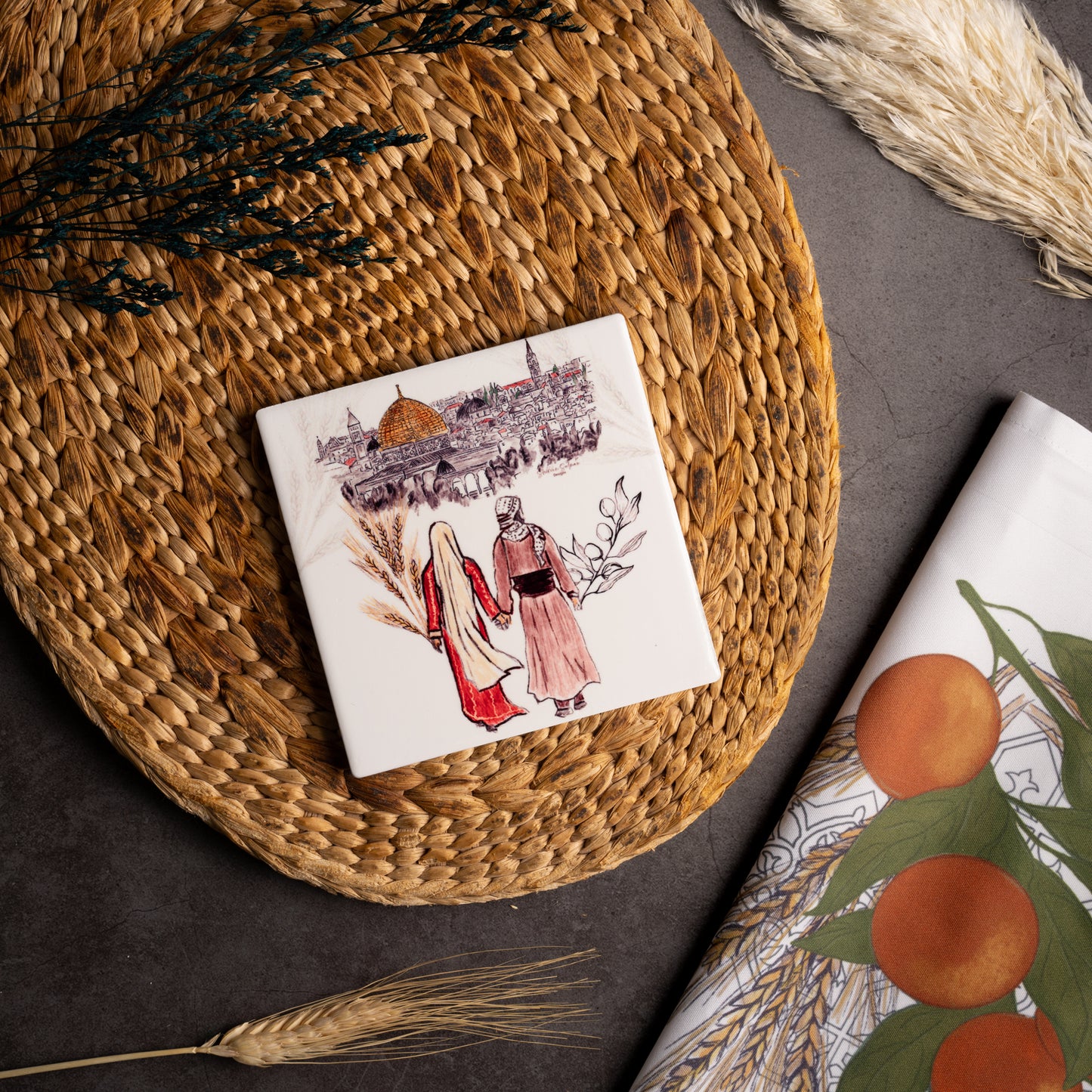 Jerusalem Ceramic Tile |Ceramic Coaster |Hot drink holder | Jerusalem View |PalestinianTraditional Clothes