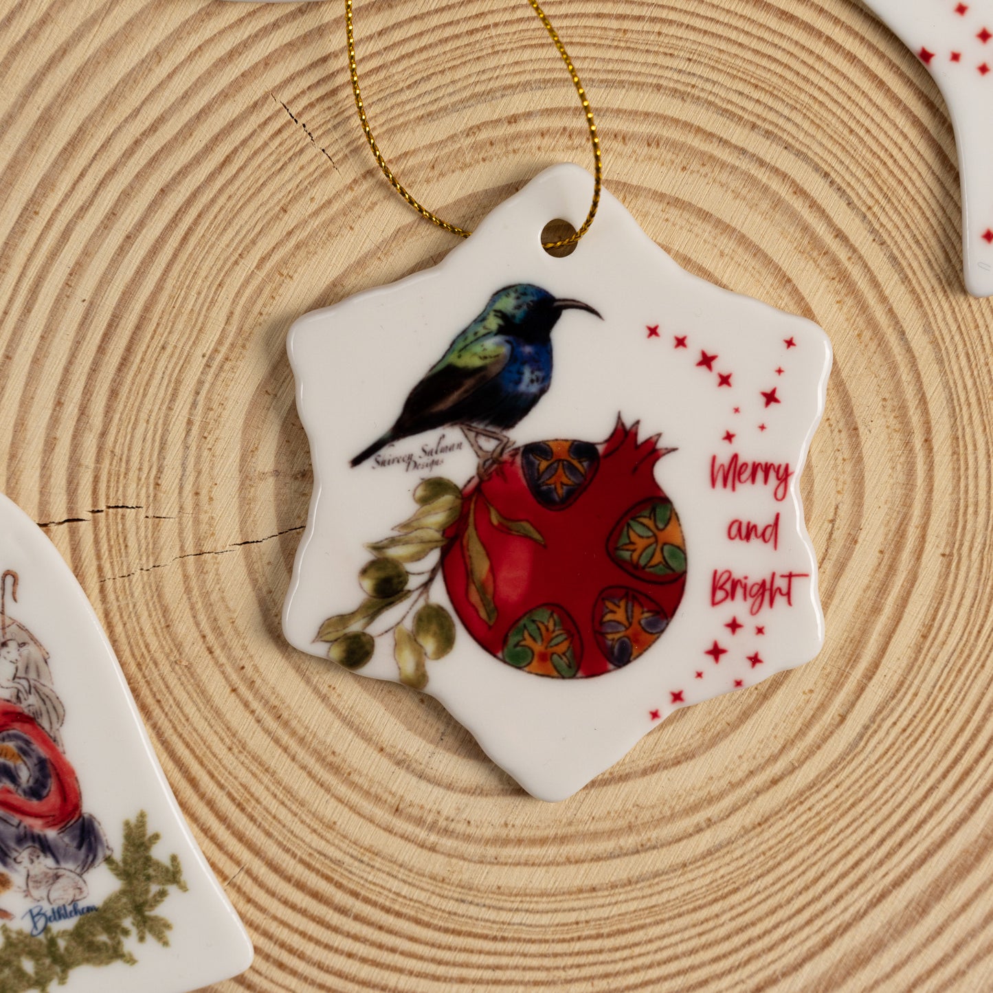 Merry And Bright Ornament |Palestinian Sunbird ornament |Pomegranate ornament |Christmas decoration |