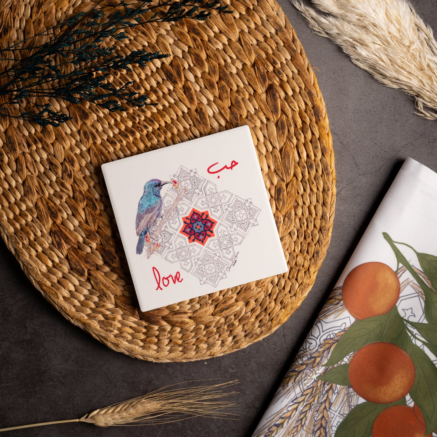 Love Ceramic Coaster |Palestinian Sunbird | Hot holder |Cup Holder | Ceramic painting |Palestinian Sunbird