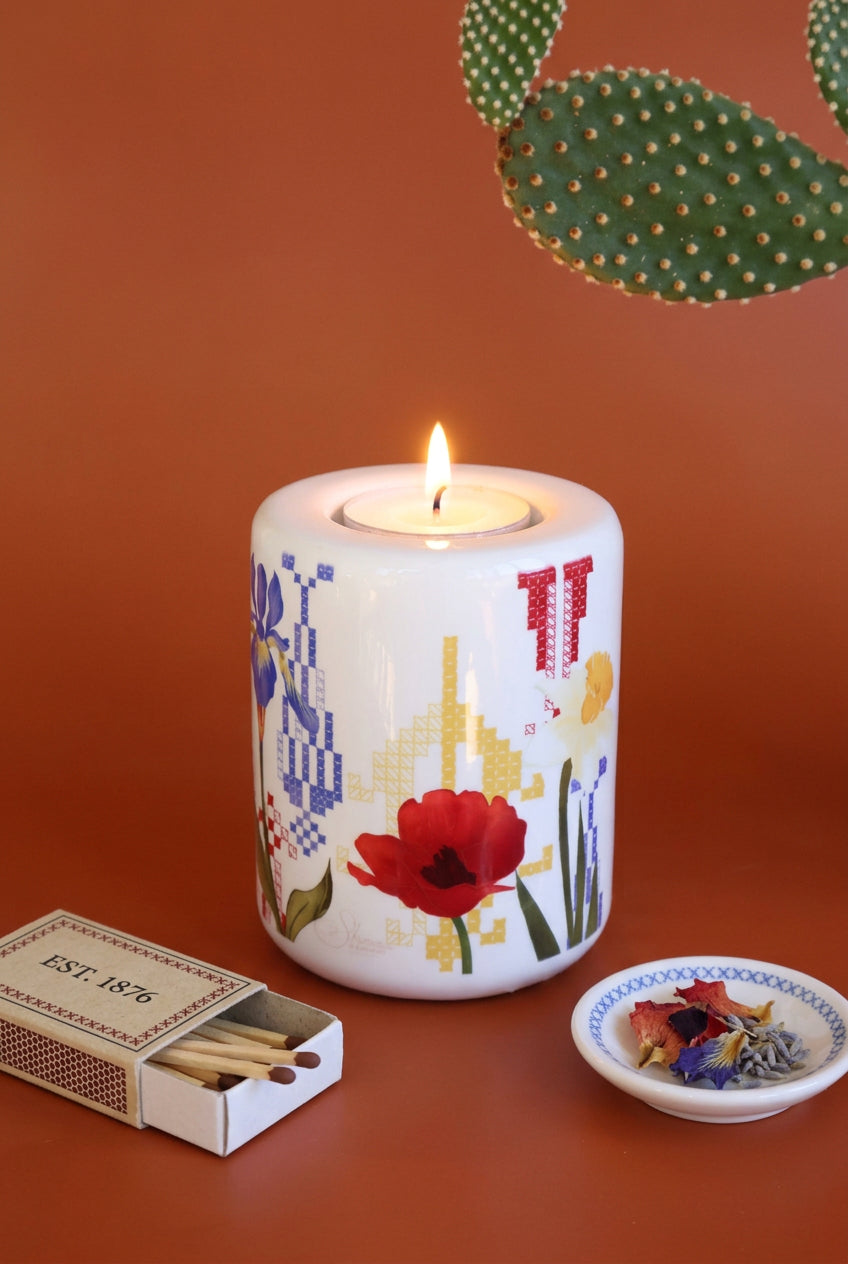 Wild Flowers Candle Holder | Embroidery Candle | Palestinian Embroidery |Cypress trees