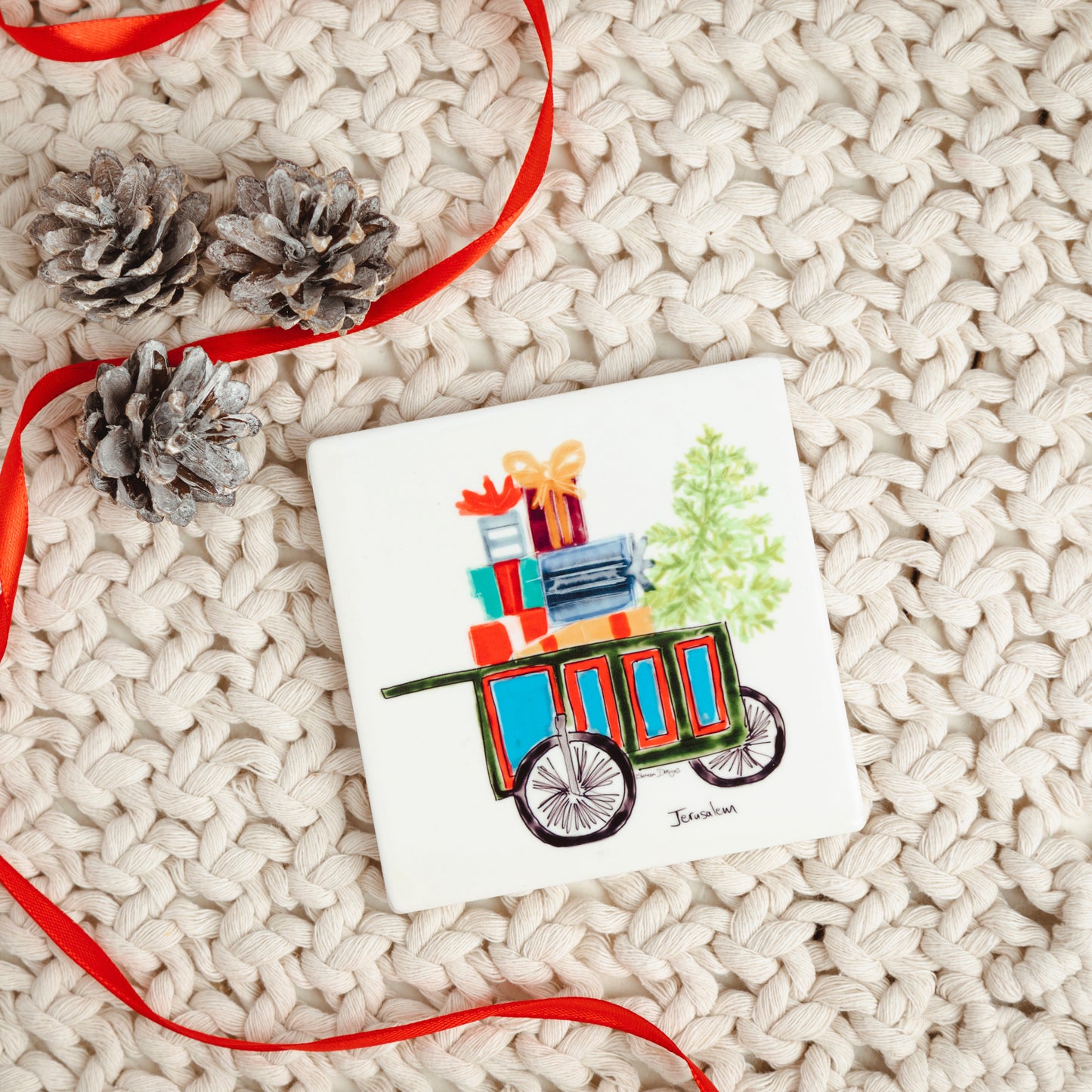 Jerusalem Christmas Trolley | Jerusalem ceramic | Ceramic coaster |Christmas coaster