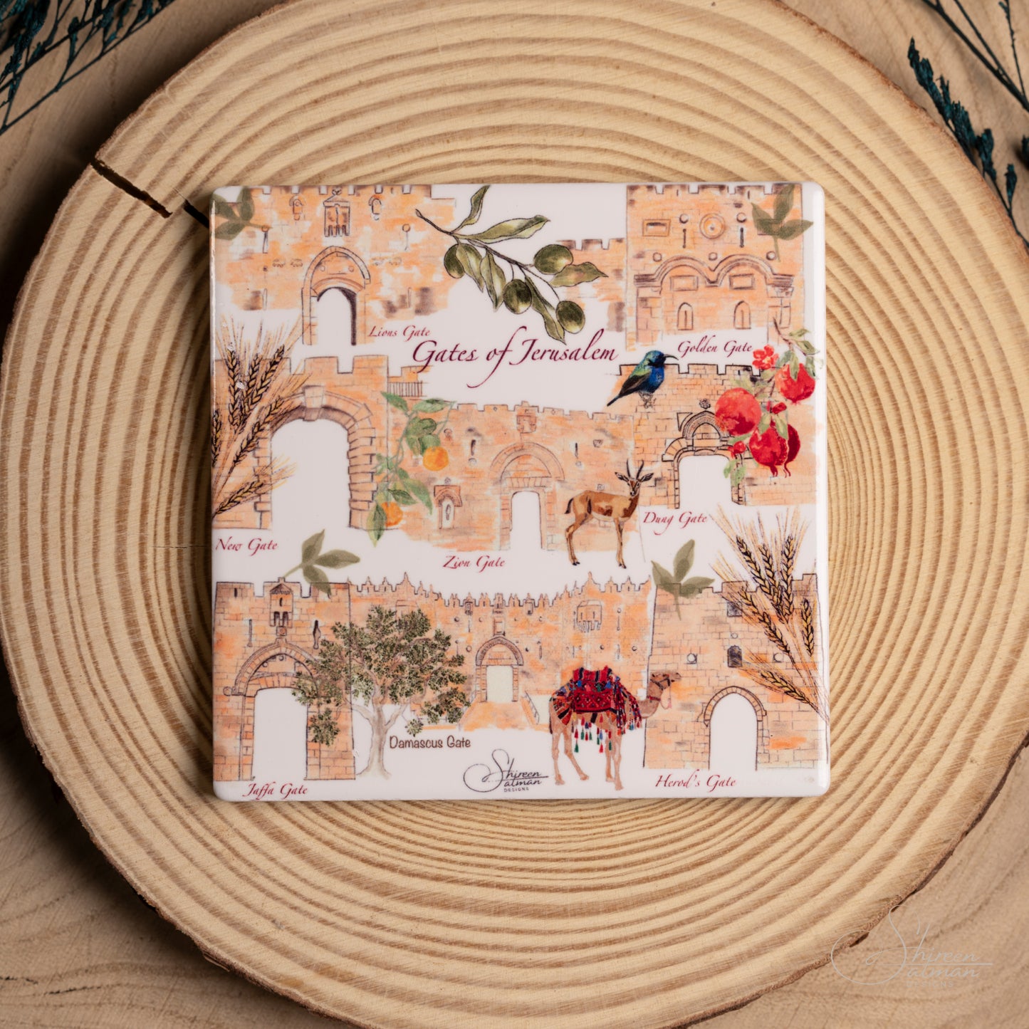 Gates of Jerusalem Coaster | Ceramic coaster |Jerusalem gates |Homeware |Home accessories |travel gift