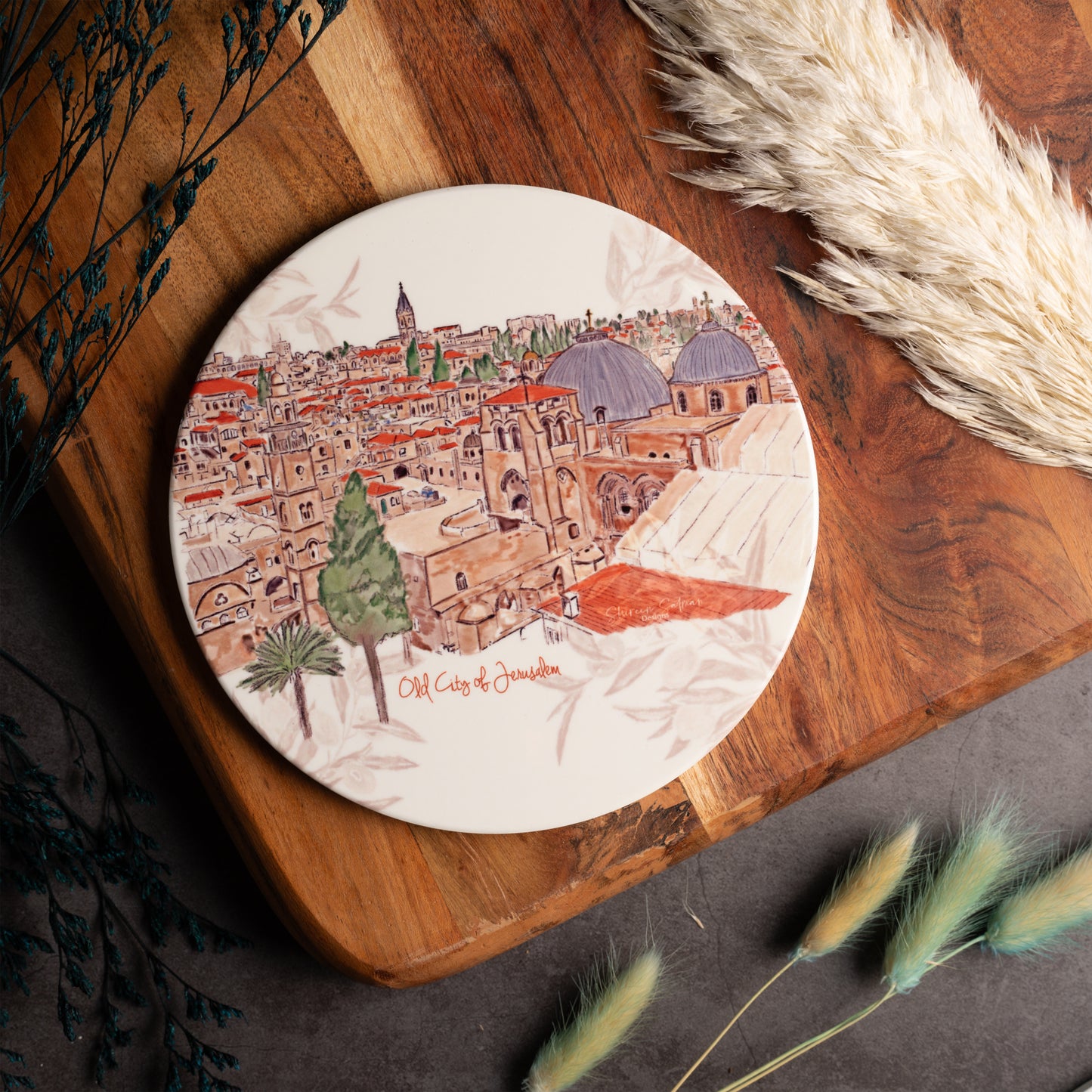 Old City of Jerusalem Coaster |Ceramic Coaster |Cup Holder | Jerusalem painting |painting Coaster