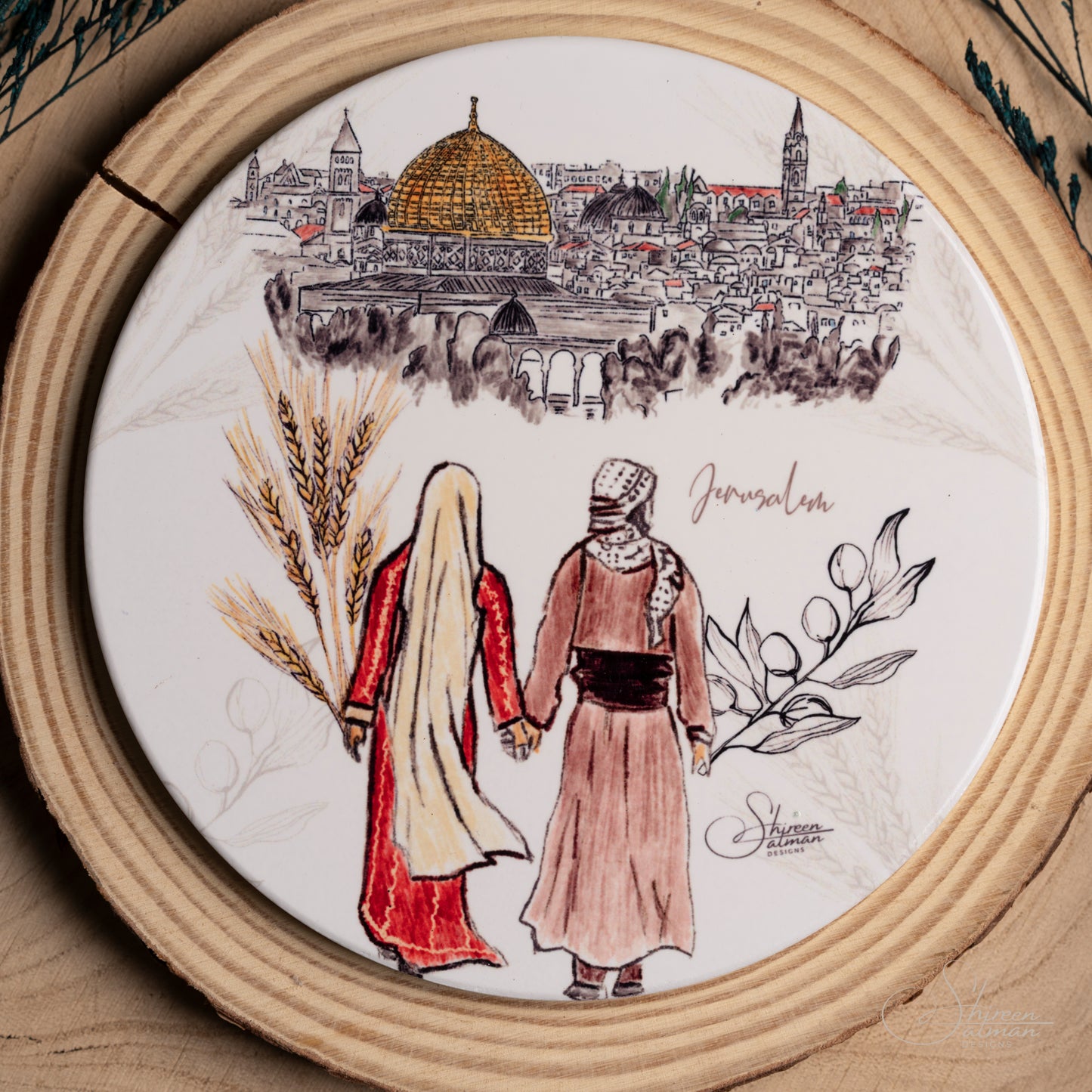 Jerusalem Ceramic Tile |Ceramic Coaster |Hot drink holder | Jerusalem View |PalestinianTraditional Clothes