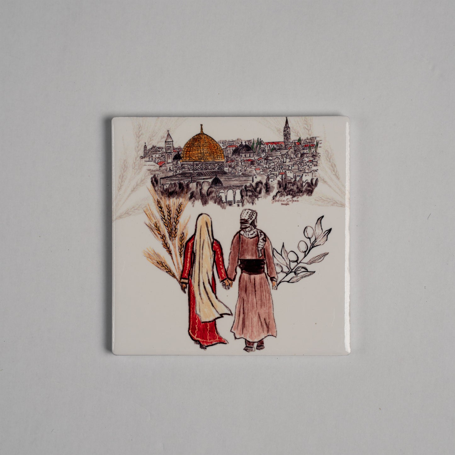 Jerusalem Ceramic Tile |Ceramic Coaster |Hot drink holder | Jerusalem View |PalestinianTraditional Clothes