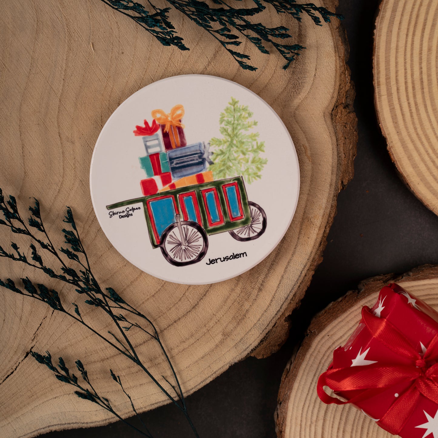 Jerusalem Christmas  Trolley | Jerusalem ceramic | Ceramic coaster |Christmas coaster