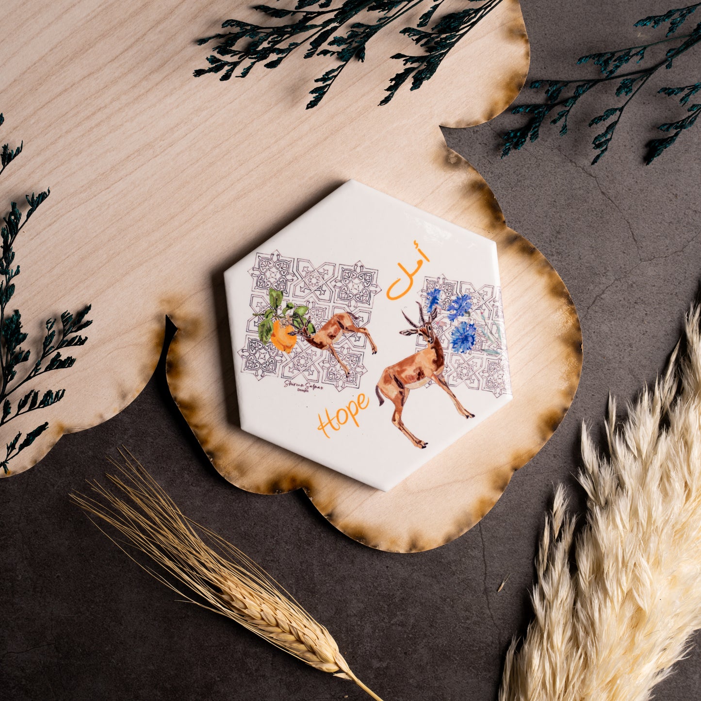 Hope Coaster |deer of the desert |ceramic coaster | tile pattern |Middle East Patterns |