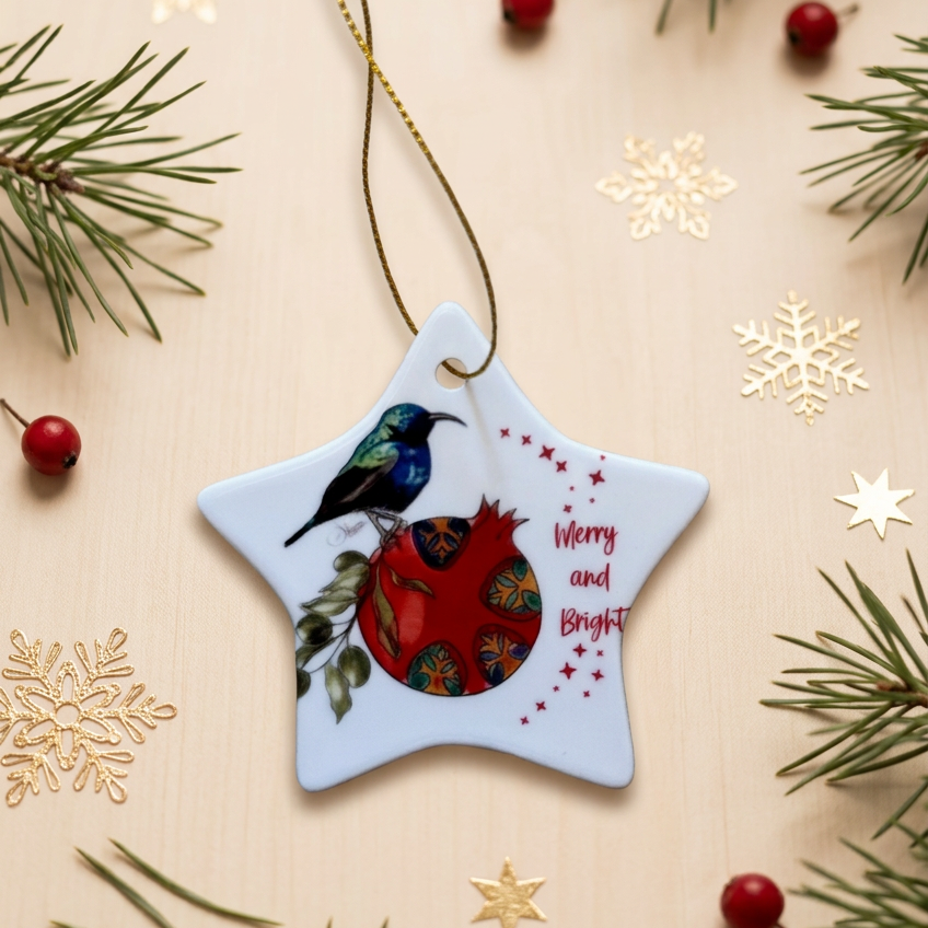 Merry And Bright Ornament |Palestinian Sunbird ornament |Pomegranate ornament |Christmas decoration |