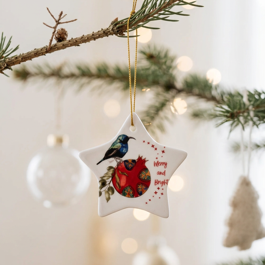 Merry And Bright Ornament |Palestinian Sunbird ornament |Pomegranate ornament |Christmas decoration |