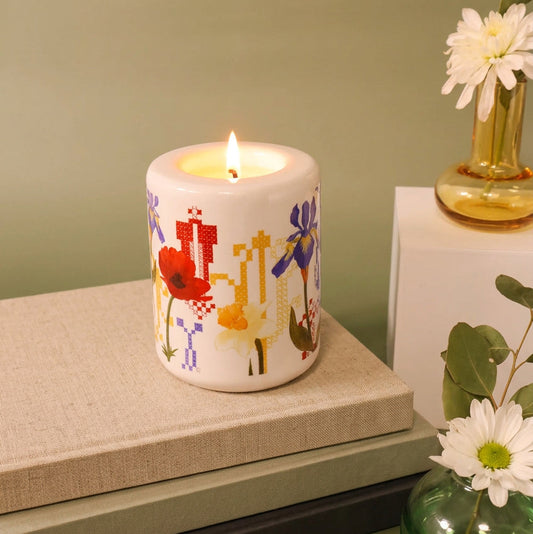 Wild Flowers Candle Holder | Embroidery  Candle | Palestinian Embroidery |Cypress trees