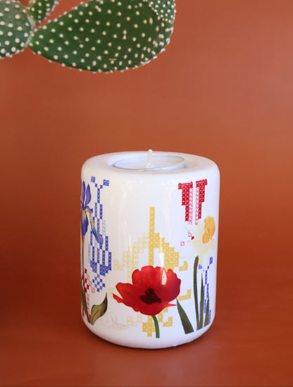 Wild Flowers Candle Holder | Embroidery  Candle | Palestinian Embroidery |Cypress trees