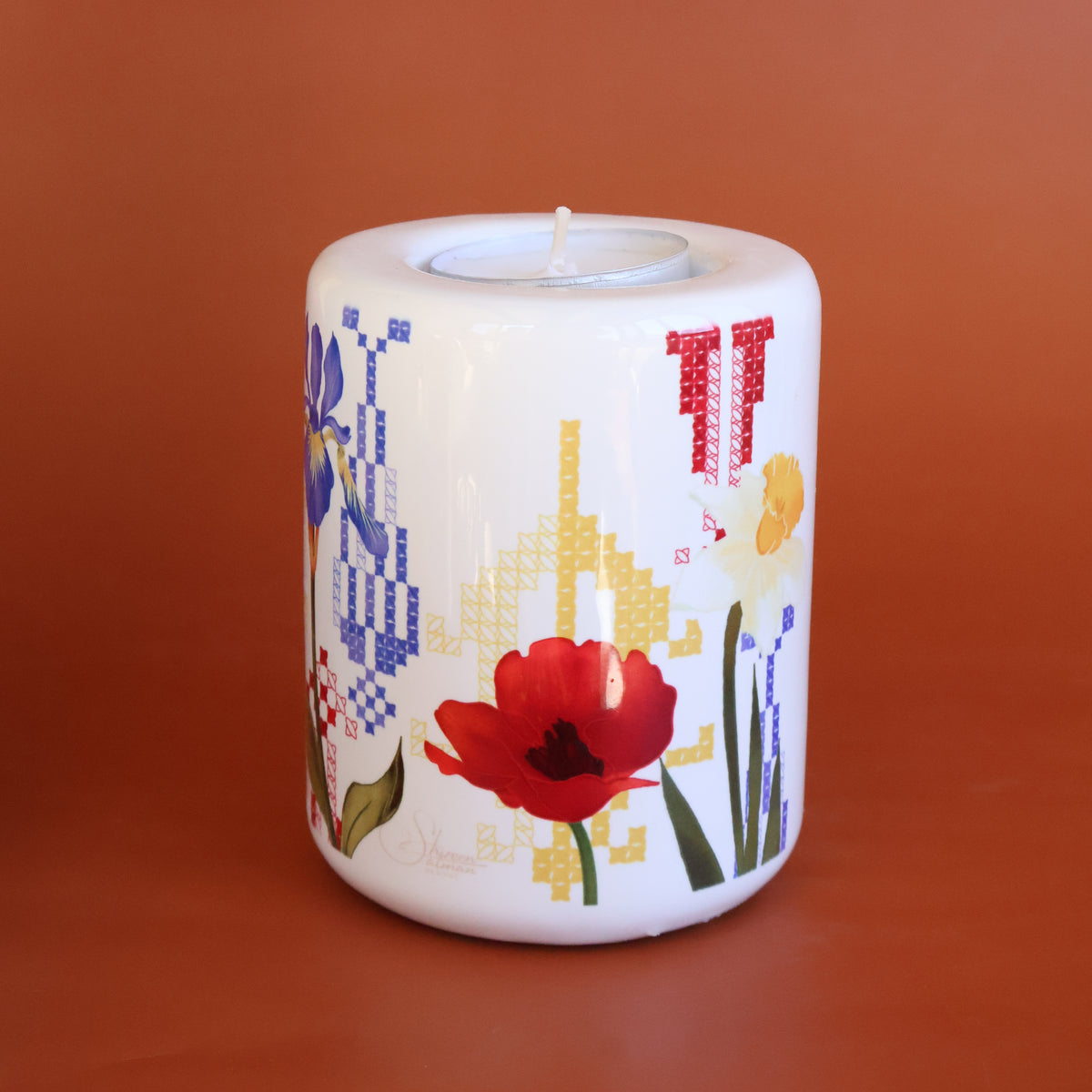 Wild Flowers Candle Holder | Embroidery  Candle | Palestinian Embroidery |Cypress trees