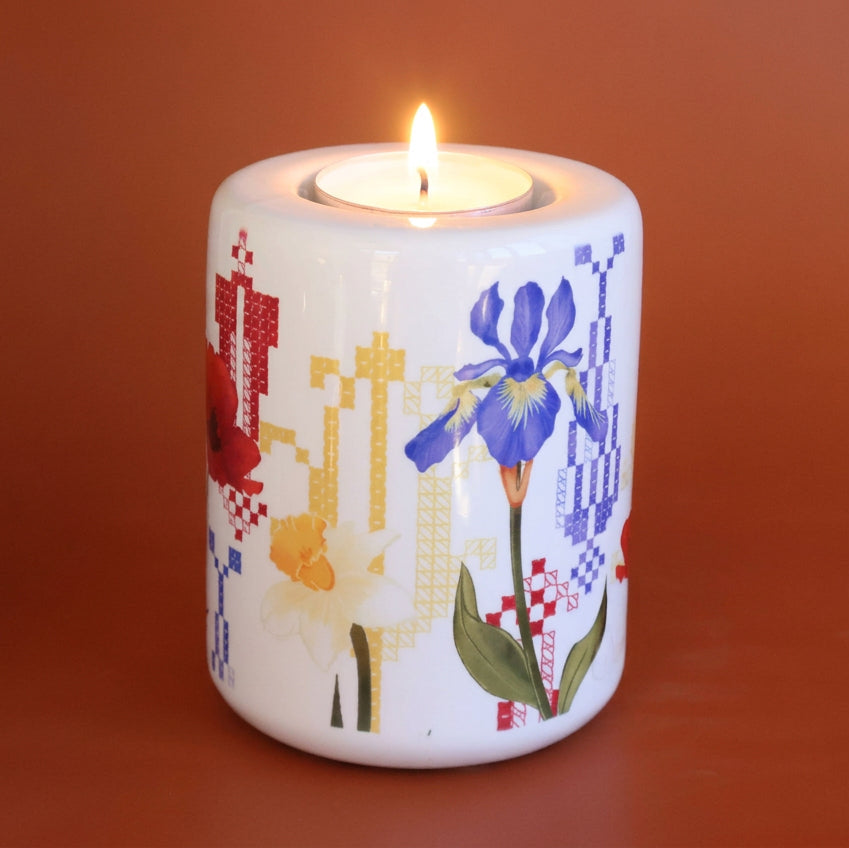 Wild Flowers Candle Holder | Embroidery  Candle | Palestinian Embroidery |Cypress trees