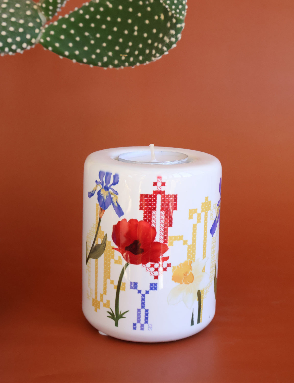 Wild Flowers Candle Holder | Embroidery  Candle | Palestinian Embroidery |Cypress trees