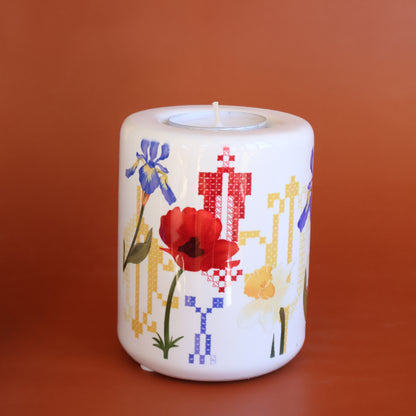 Wild Flowers Candle Holder | Embroidery  Candle | Palestinian Embroidery |Cypress trees