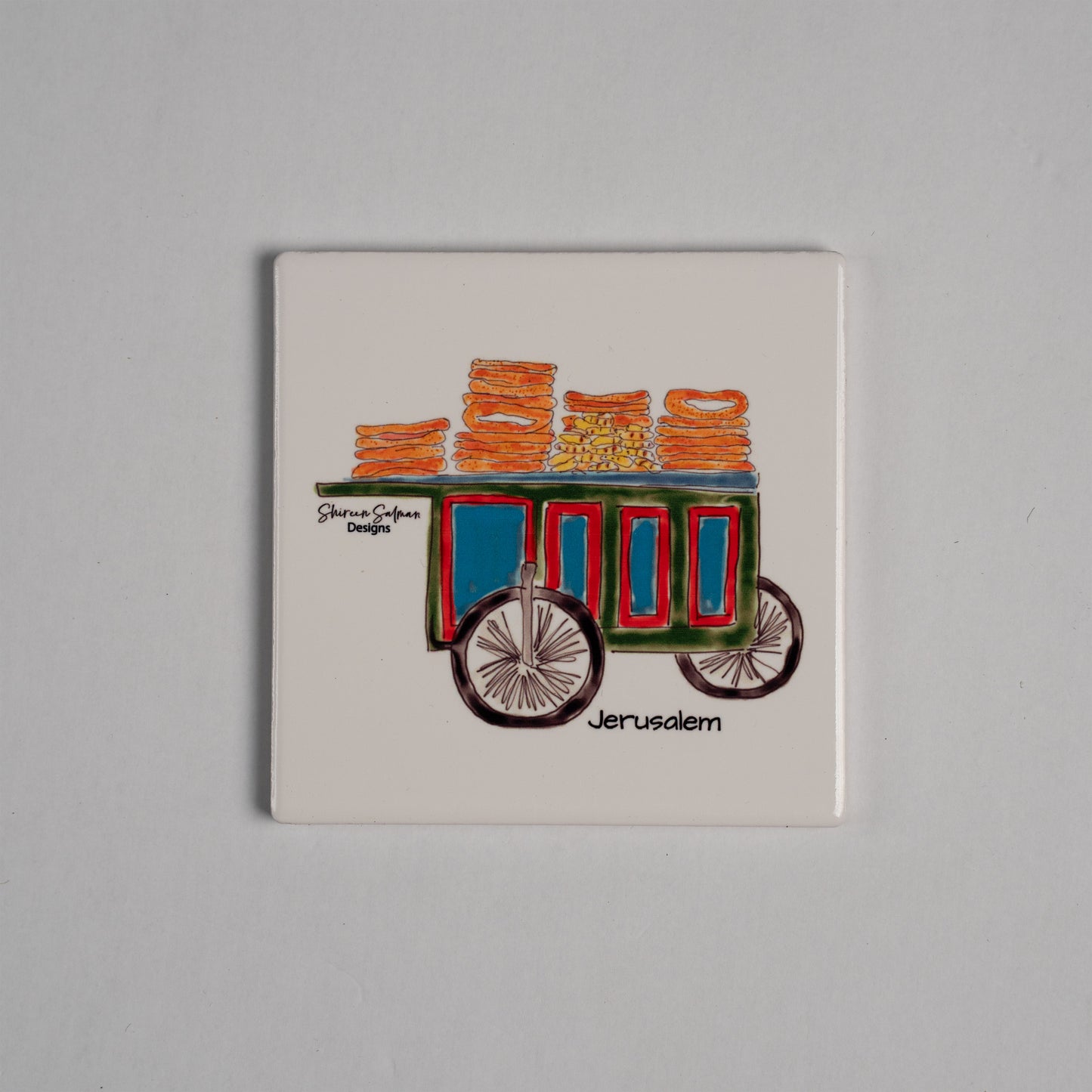 Jerusalem Trolley Coaster |Jerusalem bread |souvenir |travel gift |ceramic coaster| ceramicc art