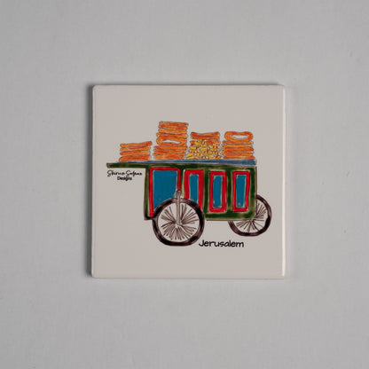 Jerusalem Trolley Coaster |Jerusalem bread |souvenir |travel gift |ceramic coaster| ceramicc art