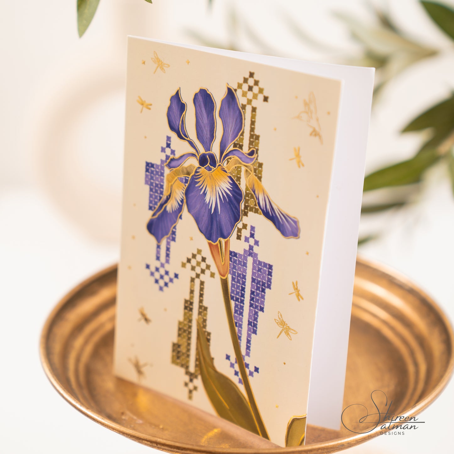Iris Flower Card |Cypress tree embroidery  | Gaza embroidery | Greeting cards |Pattern card |Occasion card