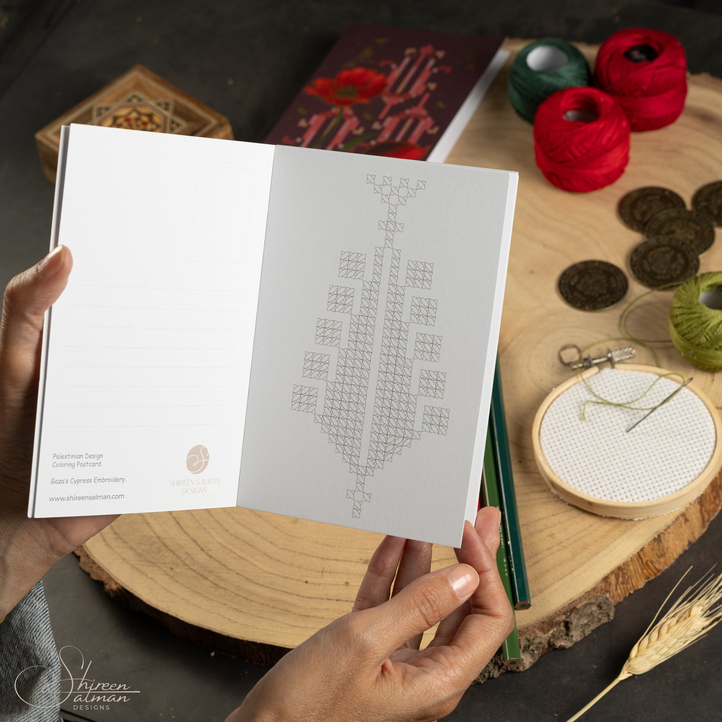 Postcard coloring book |Embroidery patterns |Color postcard |Color and Post|Palestinian Embroidery |Flowers of Palestine