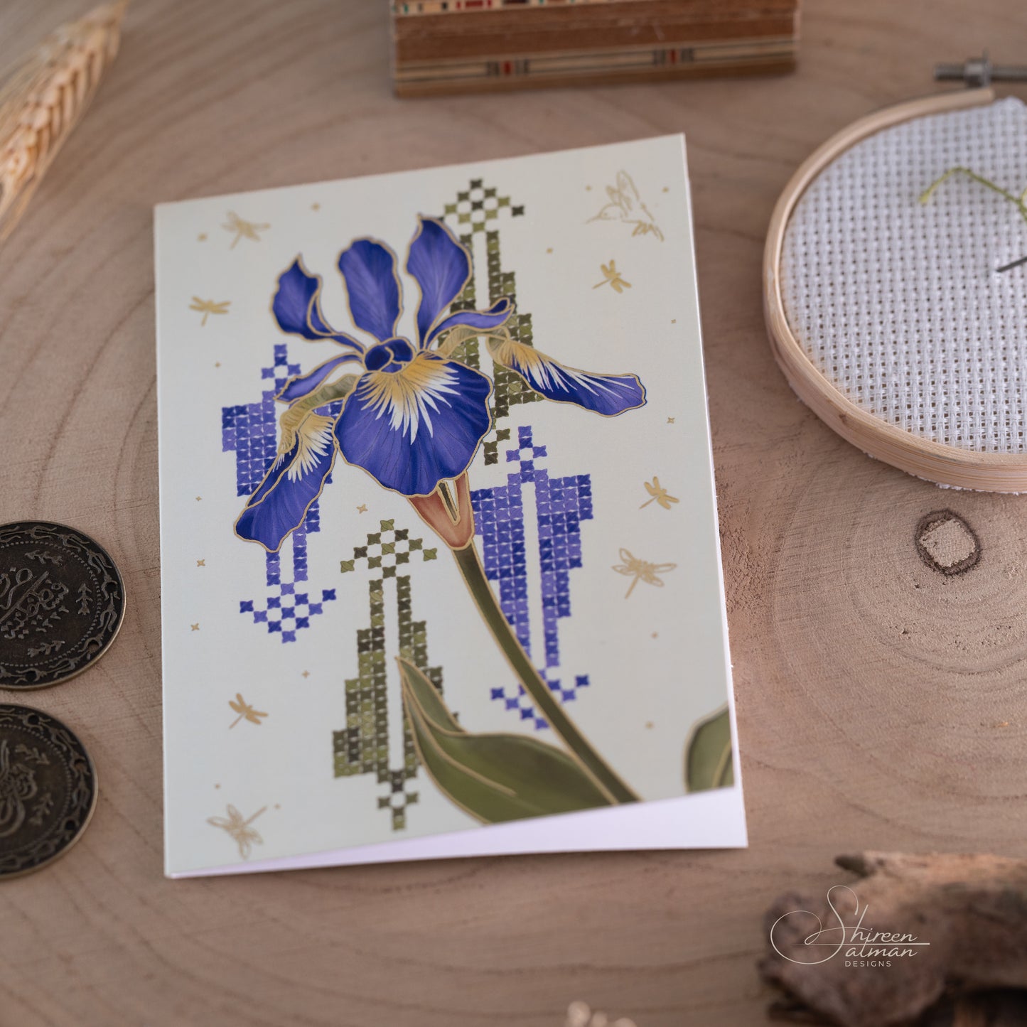 Iris Flower Card |Cypress tree embroidery  | Gaza embroidery | Greeting cards |Pattern card |Occasion card
