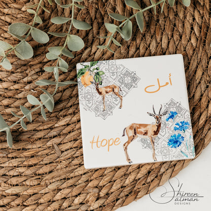 Hope Coaster |deer of the desert |ceramic coaster | tile pattern |Middle East Patterns |