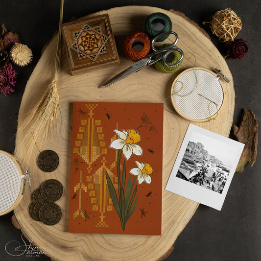 Jaffa floral  Notebook |Cypress tree Embroidery |Palestinian Embroidery |travel book| journal notebook |Daffodils|