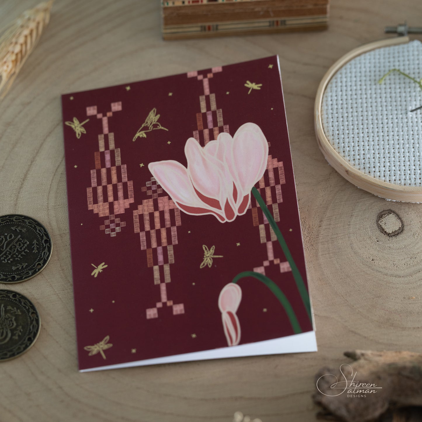 Ramallah cypress tree Embroidery card |Greeting cards |event card | Cyclamen flower |cypress tree emboridery